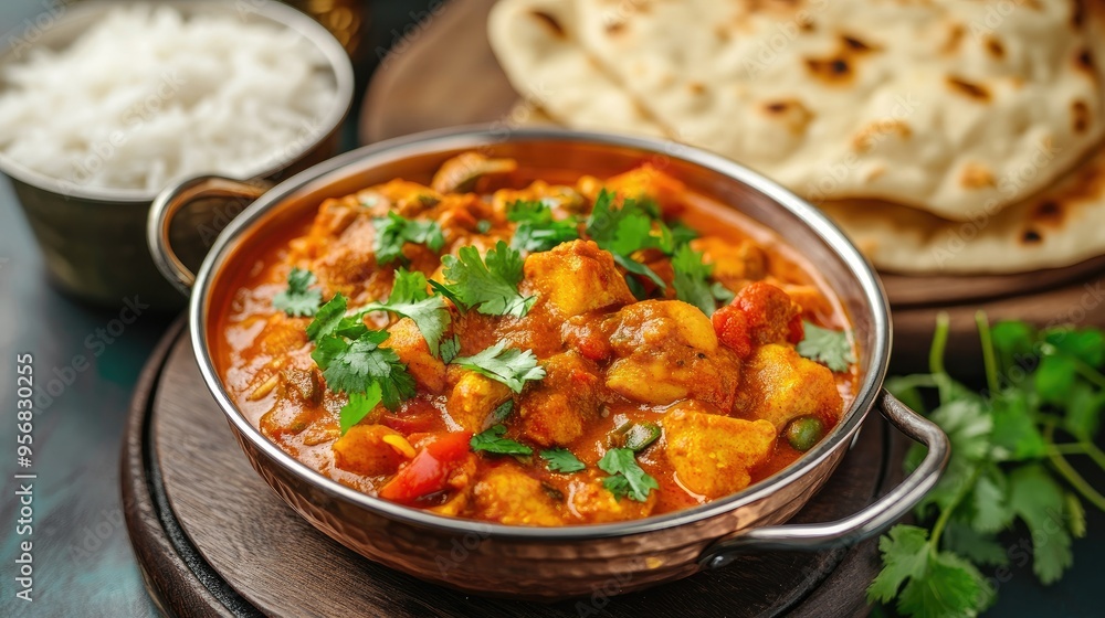 Close-up of a vibrant Indian curry with rich, colorful spices and ingredients, served in a traditional dish with naan bread and rice on the side. - Close-up of a vibrant Indian curry with rich, colorful spices and ingredients, served in a traditional dish with naan bread and rice on the side. -