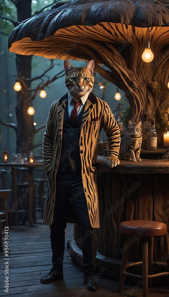 Naklejka premium cat bartender at bar