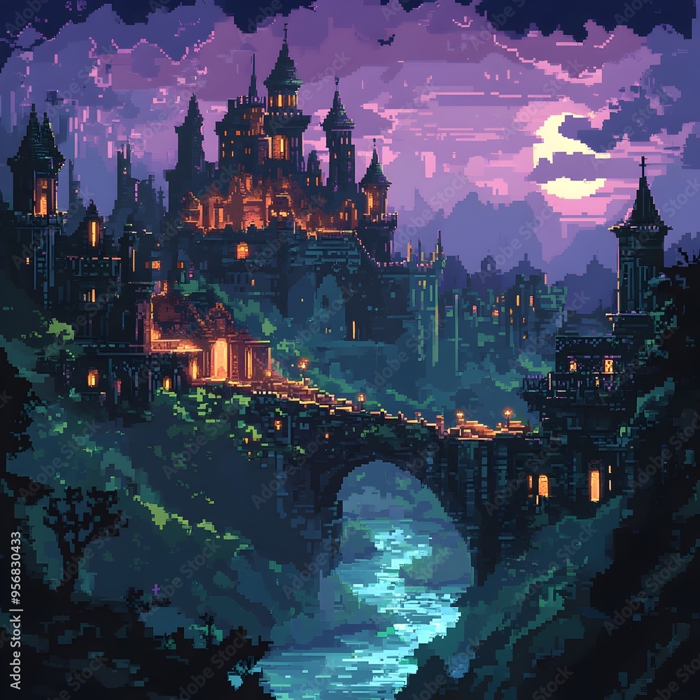 Fototapeta premium Mystical Pixel Art Vision of a Medieval Fantasy Kingdom with Towering Castles and Fantastical Creatures