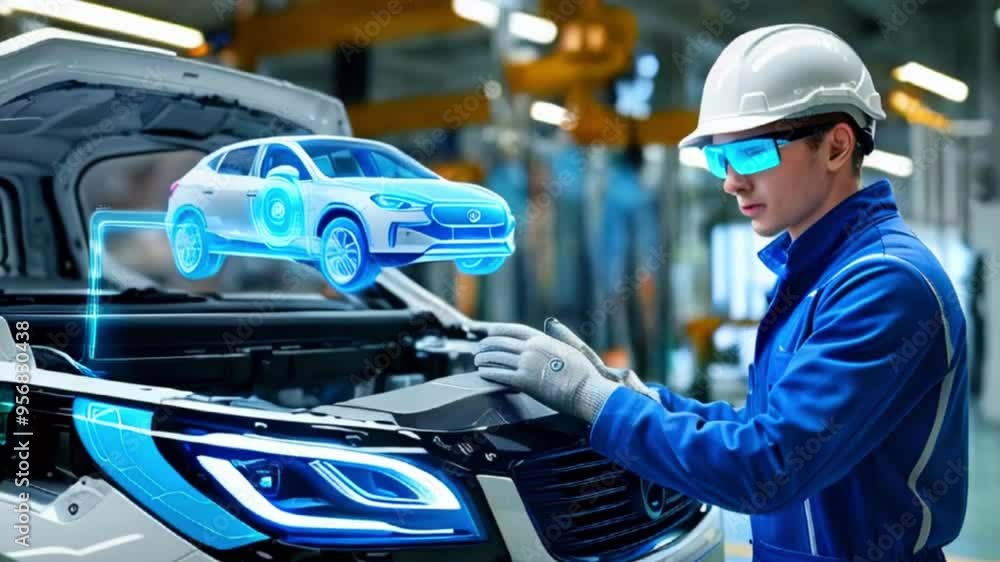 A worker in a blue jumpsuit and white hard hat uses augmented reality to inspect a car's engine. A worker in a blue jumpsuit and white hard hat uses augmented reality to inspect a car's engine.