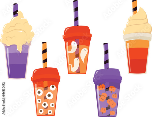 Set with pumpkin smoothie and coffee cups. Halloween cold drink with whipped cream and various toppings. 
Vector image in cartoon style on white background. Good for stickers, cards, posters.