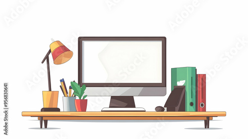 Desktop Computer and Whiteboard Isolated Vector concept as A minimalist isolated vector featuring a desktop computer and whiteboard on a white background symbolizing online teaching and virtual classr photo