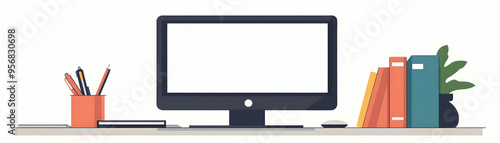 Desktop Computer and Whiteboard Isolated Vector concept as A minimalist isolated vector featuring a desktop computer and whiteboard on a white background symbolizing online teaching and virtual classr photo