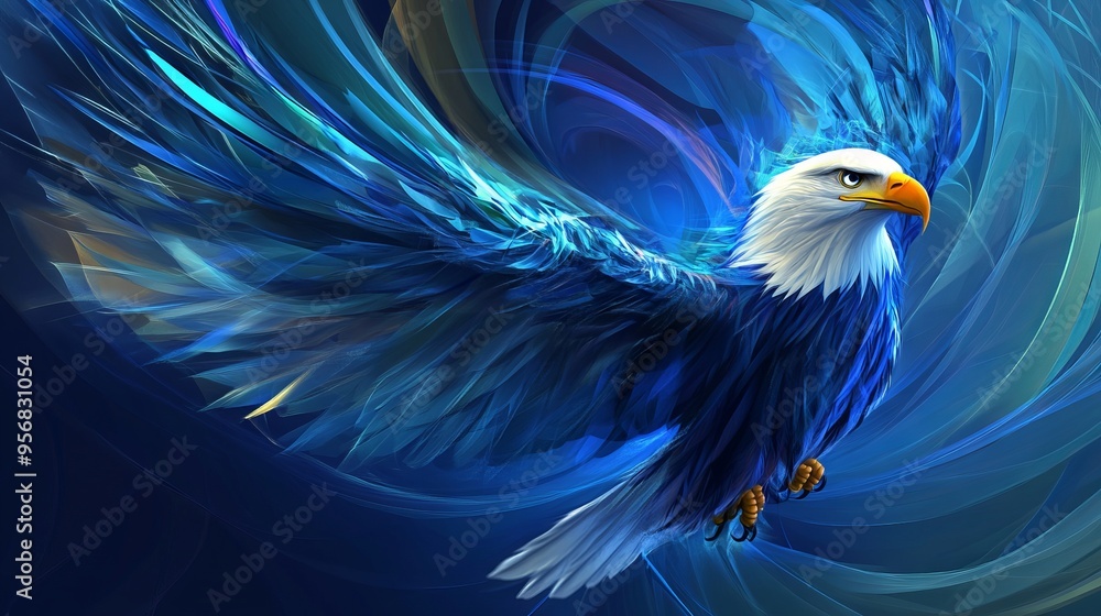 Obraz premium Tech-Savvy Bald Eagle with Dynamic Arched Lines, AI generated illustration