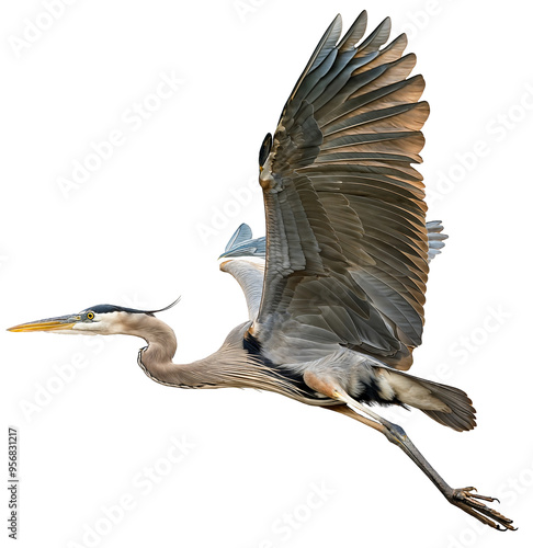 Majestic great blue heron in mid-flight with wings fully extended, isolated on a transparent background, ideal for wildlife photography photo