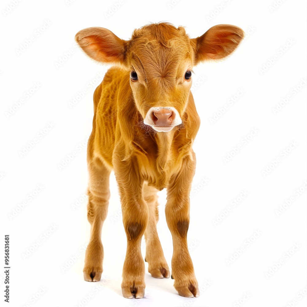 A young brown calf standing on a white background, showcasing the innocence and beauty of a farm animal.. A young brown calf standing on a white background, showcasing the innocence and beauty of a farm animal..