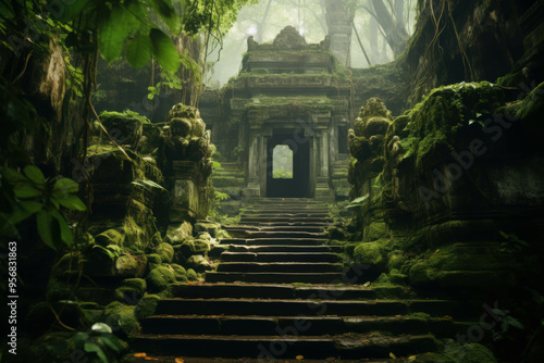 Ancient Temple Steps: A pathway into the heart of a forgotten temple, shrouded in lush jungle foliage. The stone steps lead towards a mysterious entrance, beckoning exploration and uncovering hidden s photo