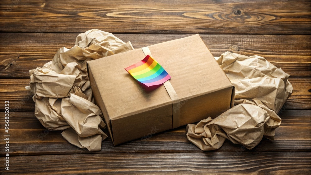 A neatly wrapped brown cardboard box with a shipping label and colorful sticker, surrounded by crumpled packing paper, on a wooden table surface. A neatly wrapped brown cardboard box with a shipping label and colorful sticker, surrounded by crumpled packing paper, on a wooden table surface.