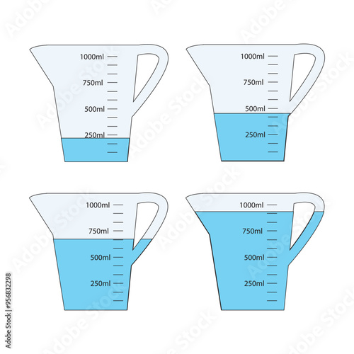 Set of empty and water filled measuring cups with 1 liter volume. Liquid containers for cooking or chemical experiment with fluid capacity scale isolated on white background.