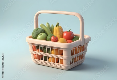 Shopping basket with groceries. Full red plastic grocery or food cart with products in cartoon style, side view, isolated on white. 3d rendering.

