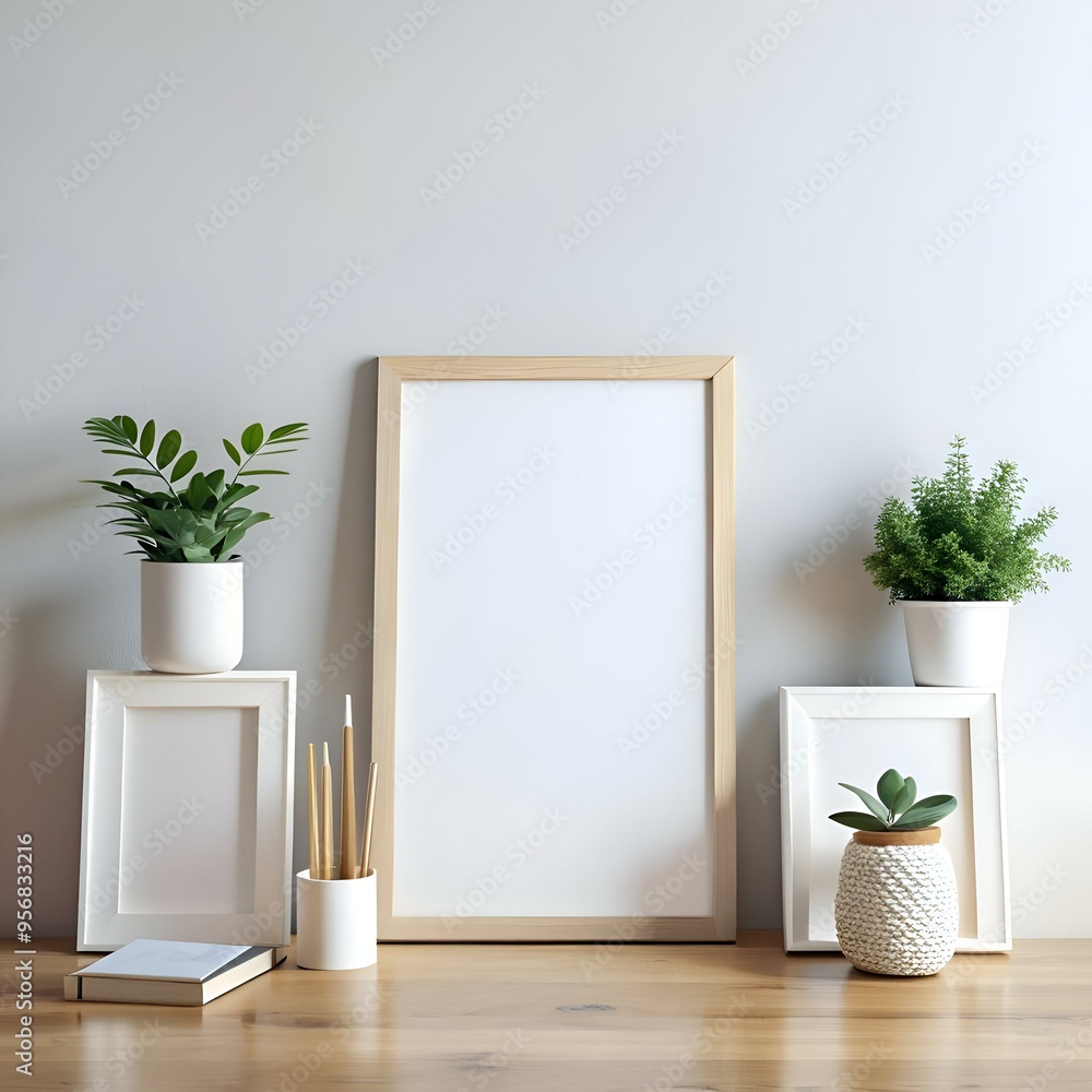A minimalist home office setup featuring a large blank framed canvas. two smaller frames. a potted plant. and a stack of books. A minimalist home office setup featuring a large blank framed canvas. two smaller frames. a potted plant. and a stack of books.