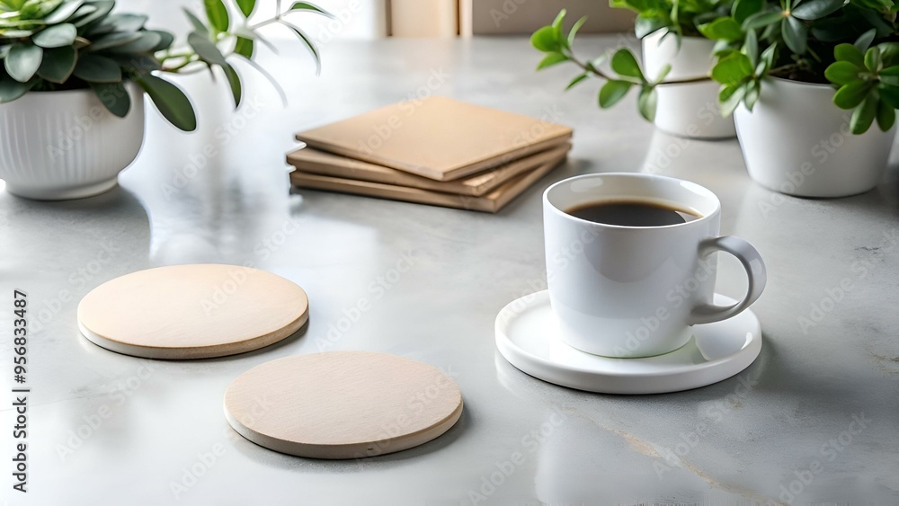 A simple yet elegant scene with a cup of coffee on a coaster. set against a backdrop of plants and a stack of books. A simple yet elegant scene with a cup of coffee on a coaster. set against a backdrop of plants and a stack of books.