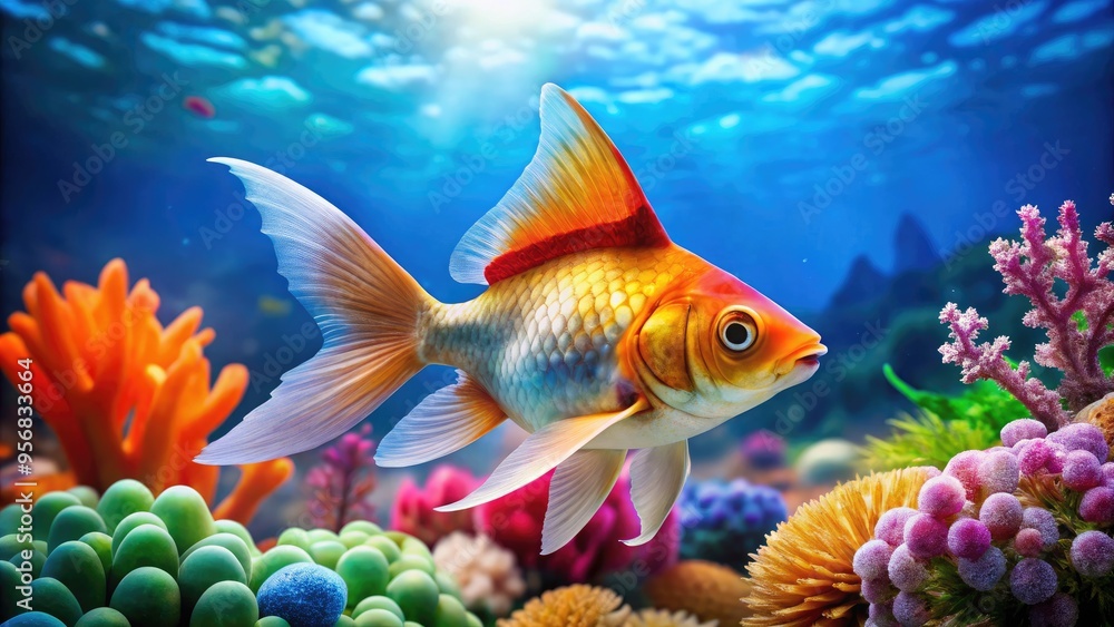 A playful goldfish wears a novelty shark fin on its head, swimming in a bright blue aquarium filled with colorful coral and ocean plants. A playful goldfish wears a novelty shark fin on its head, swimming in a bright blue aquarium filled with colorful coral and ocean plants.