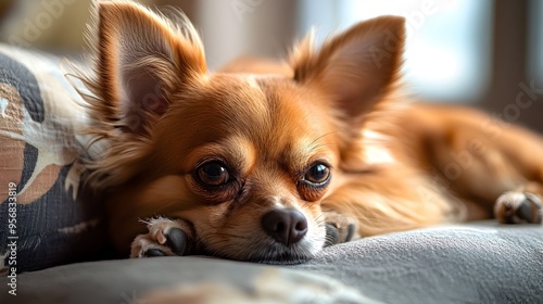 Sick Dog Resting Comfortably on Cushion with Droopy Expression