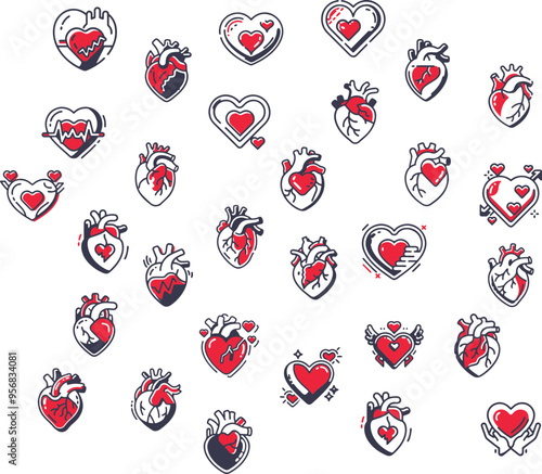  Red and White Heart Icons with Creative Patterns for Valentine's Day Designs