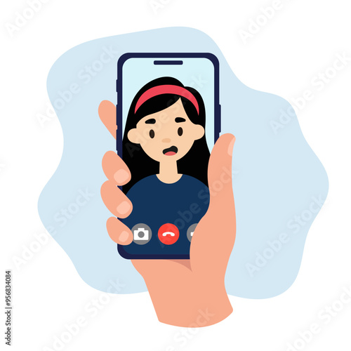 Video Call on a phone screen. Hand holding smartphone with girl on a screen. Video call vector illustration.