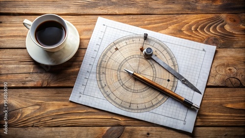 A precise compass draws a perfect circle with a measured radius on a worn wooden desk amidst scattered papers and empty coffee cups. photo