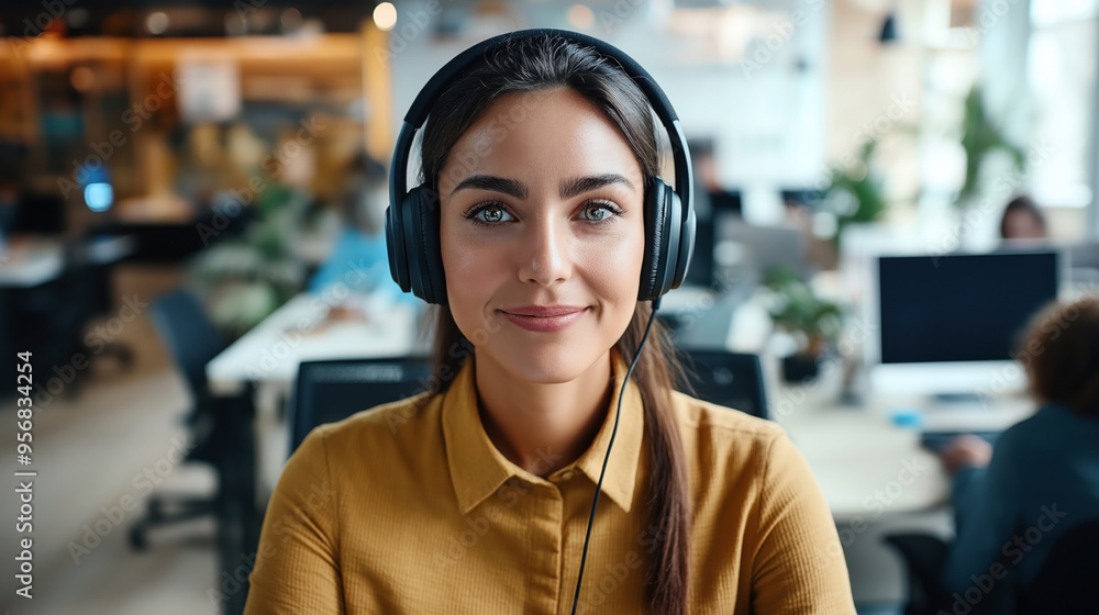 Young woman wearing headphones and a yellow shirt, sitting in a modern office with an open floor plan and computer workstations in the background. Young woman wearing headphones and a yellow shirt, sitting in a modern office with an open floor plan and computer workstations in the background.