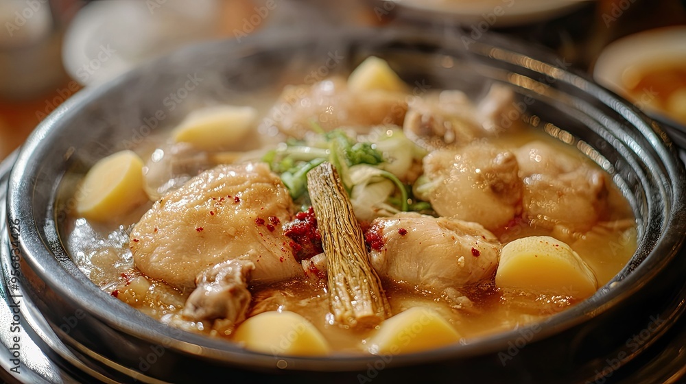 Close-up shot of Korean Samgyetang, showcasing tender chicken and ginseng roots in a steaming, flavorful broth. A famous dish for health and energy in Korean cuisine. Close-up shot of Korean Samgyetang, showcasing tender chicken and ginseng roots in a steaming, flavorful broth. A famous dish for health and energy in Korean cuisine.