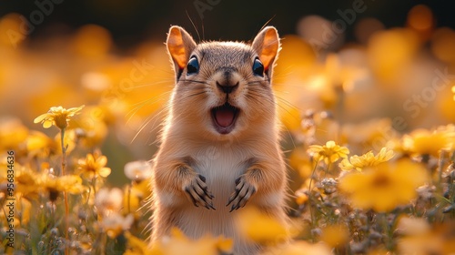 Cute Squirrel in a Field of Flowers