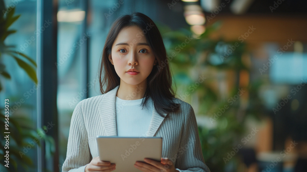 Young woman holding a tablet while standing in a modern office environment during daytime hours Young woman holding a tablet while standing in a modern office environment during daytime hours