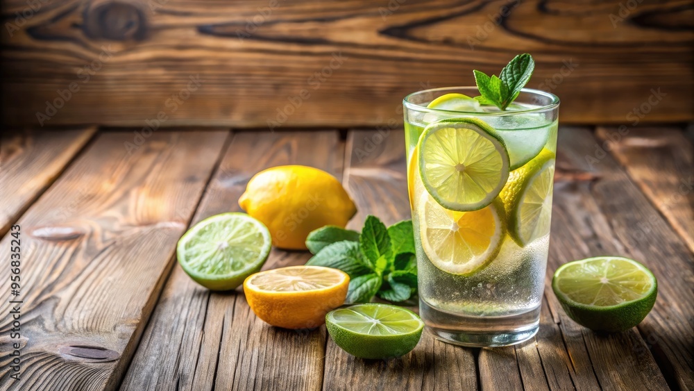 Fototapeta premium A refreshing glass of sparkling water with slices of lime and lemon on a simple, rustic wooden table, conveying a sense of healthy living.