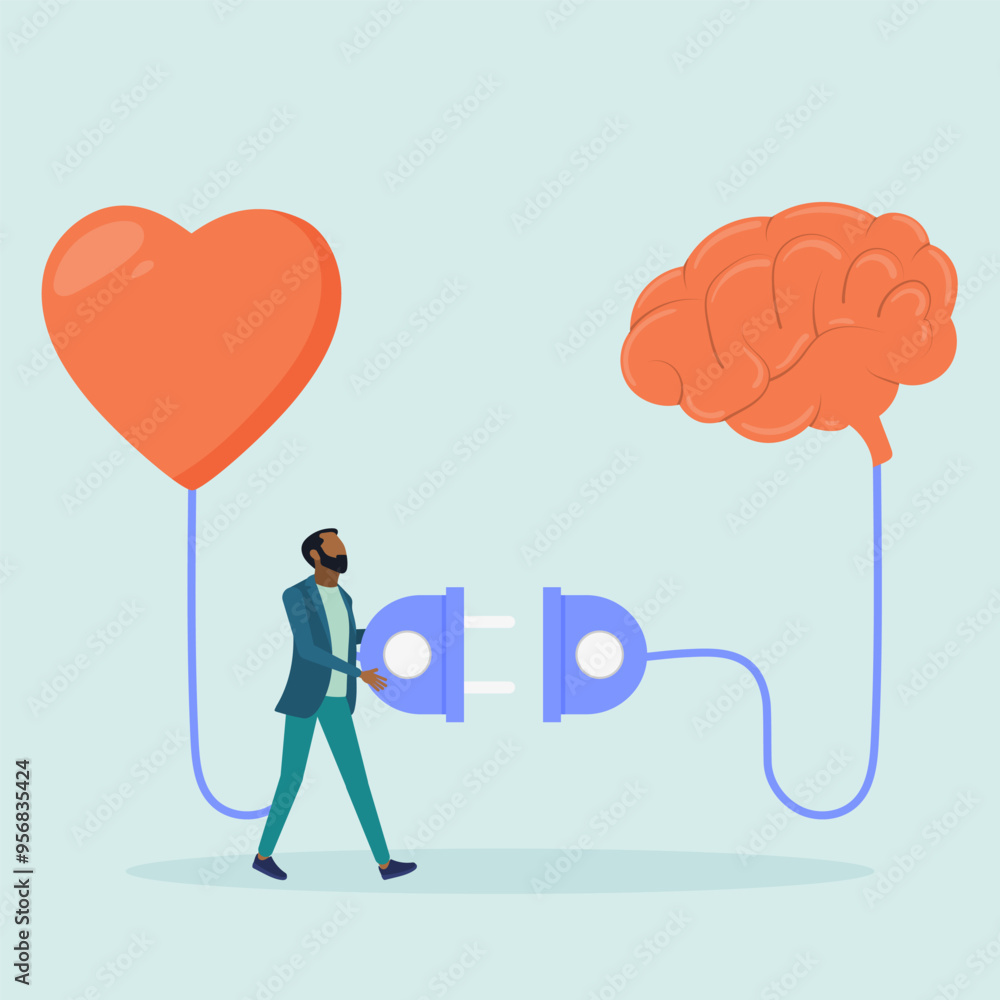 Concept of self-control or balance, a person connects the feelings of the heart with the brain. Emotional intelligence, or control over feelings and emotions using the logical thinking of the brain. Concept of self-control or balance, a person connects the feelings of the heart with the brain. Emotional intelligence, or control over feelings and emotions using the logical thinking of the brain.