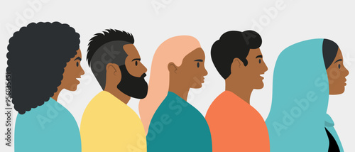 Flat vector illustration. Concept for Black History Month, African American Achievements. Old, young, adult Africans, different religions, Islam and Christianity. Men and women.
