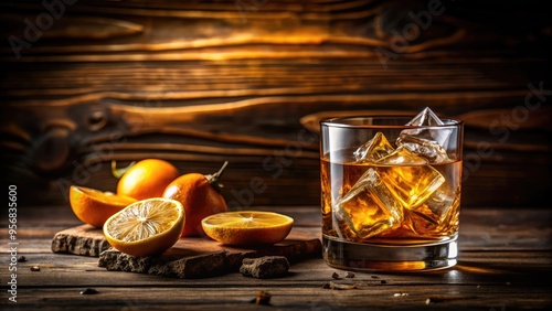 A richly colored whiskey poured over ice in a luxurious glass, garnished with a twist of citrus, set against a warm, dark wood background. photo