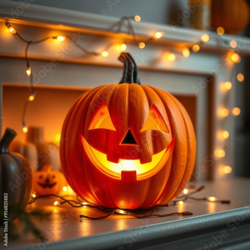 A cheerful smiling jack o lantern on halloween placed on a fireplace with fairy lights, backgrounds for halloween, Ultra realistic, Photorealistic 