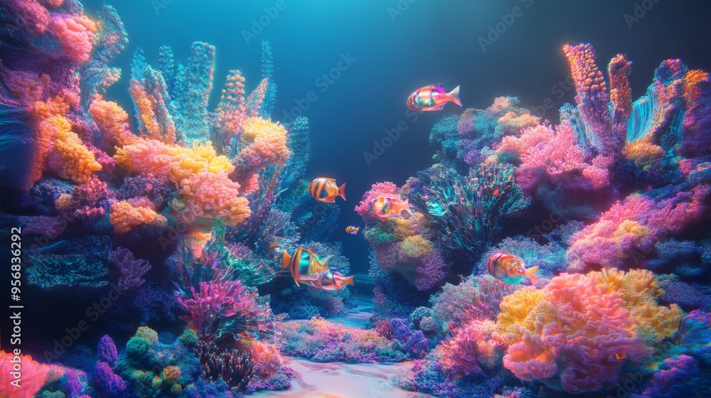 Fototapeta premium Holographic Fish & Chrome Coral: A Dreamy Underwater AR Experience