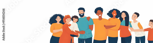 Family Embrace with Support Text concept as A sleek isolated vector of diverse family members embracing each other with the word Support in a bold strong font. This image emphasizes the importance of 