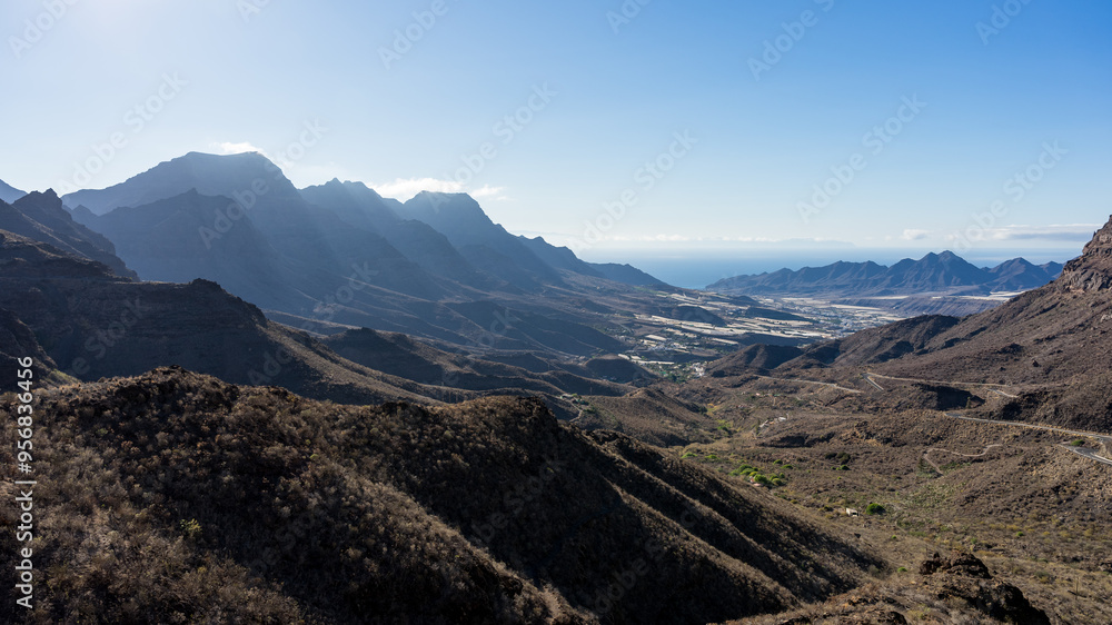 Mountain landscape. View from the observation deck - Mirador de San Nicolas. Gran Canaria. Canary Islands. Spain. Mountain landscape. View from the observation deck - Mirador de San Nicolas. Gran Canaria. Canary Islands. Spain.