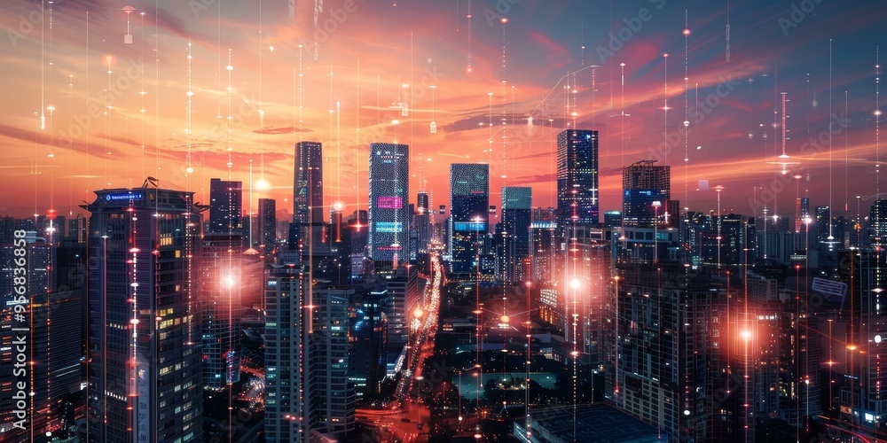 Fototapeta premium A city skyline with towering skyscrapers equipped with digital billboards and LED lighting for energy efficiency