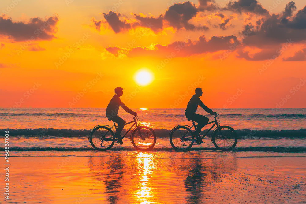 Fototapeta premium A middle age couple, riding their bicycle at the beach. Bright beautiful sunset, Silhouette and copy space.