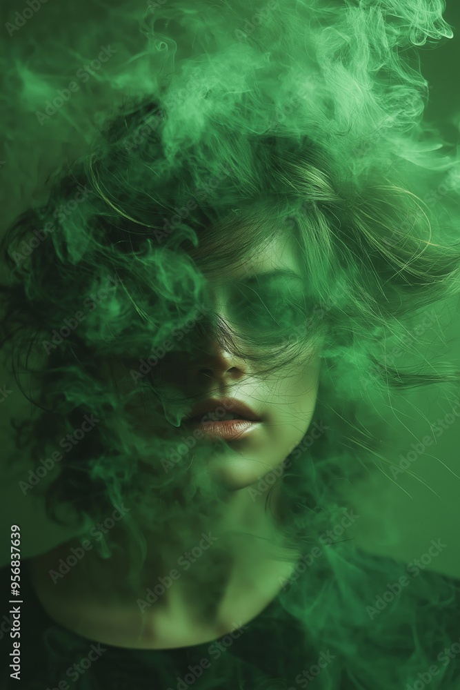 A person shrouded in swirling green smoke creating an abstract and ethereal visual effect in the photograph. A person shrouded in swirling green smoke creating an abstract and ethereal visual effect in the photograph.