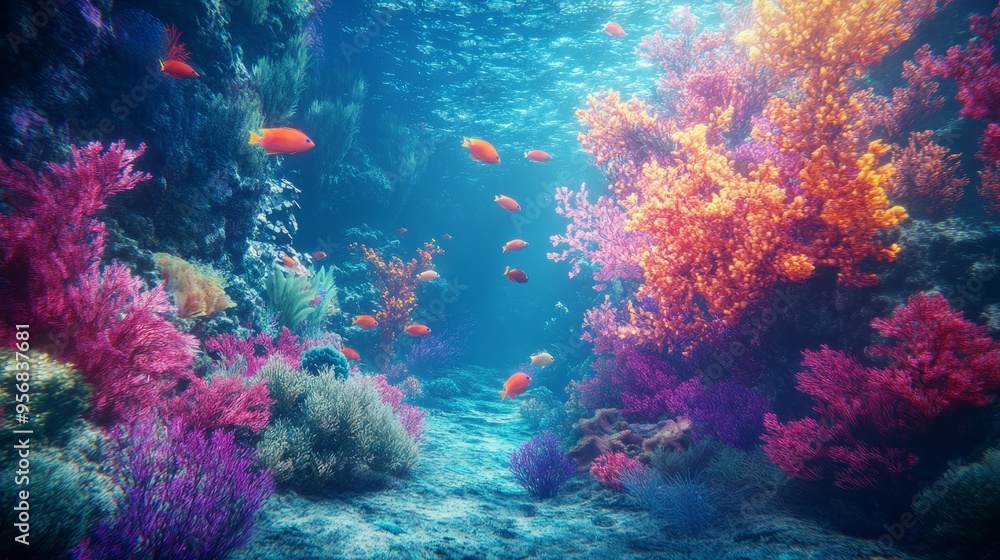 Naklejka premium Dive into a Vibrant Underwater World: Glowing Fish and Coral Reefs in 3D