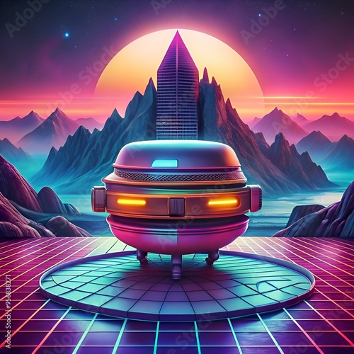 A futuristic. retro inspired 3D illustration of a flying saucer hovering over a retro cityscape. photo