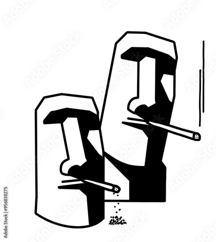 illustration of moai statues smoking, stone statues smoking, moai statues pose, moai statue tattoo design