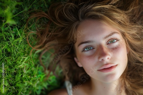 A young woman is lying on lush green grass, surrounded by vibrant greenery, looking serene and at peace in the natural environment.