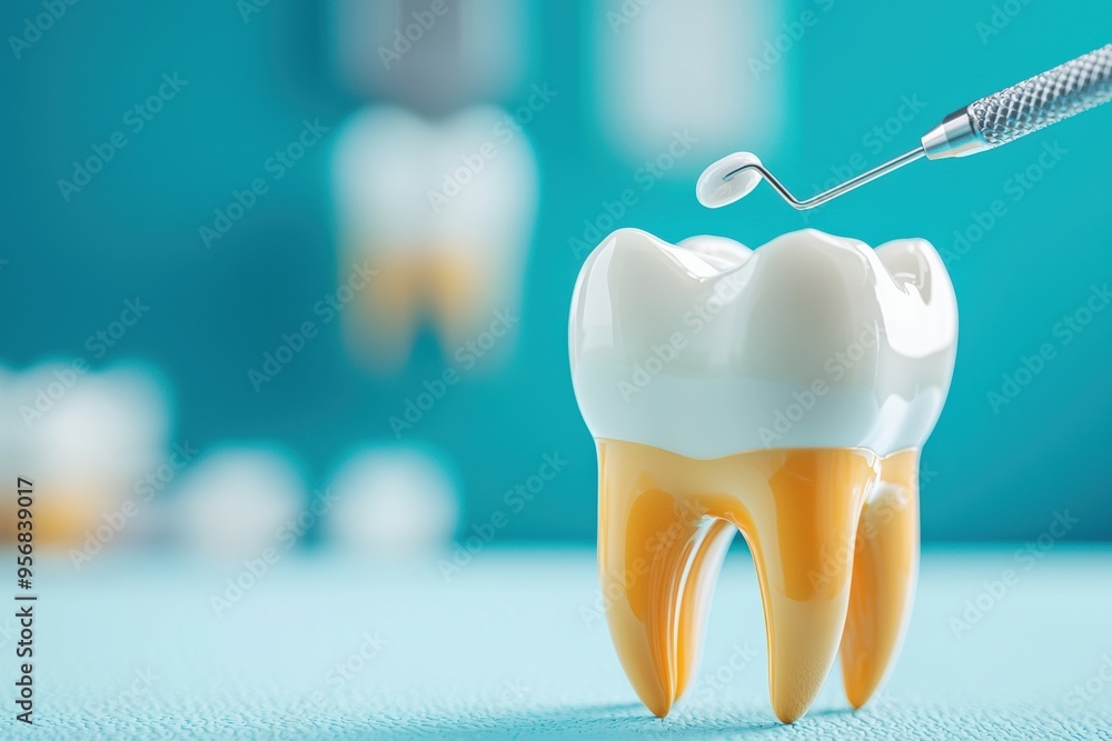 A close-up of a healthy tooth model with dental tools in a bright, modern dental clinic setting. A close-up of a healthy tooth model with dental tools in a bright, modern dental clinic setting.