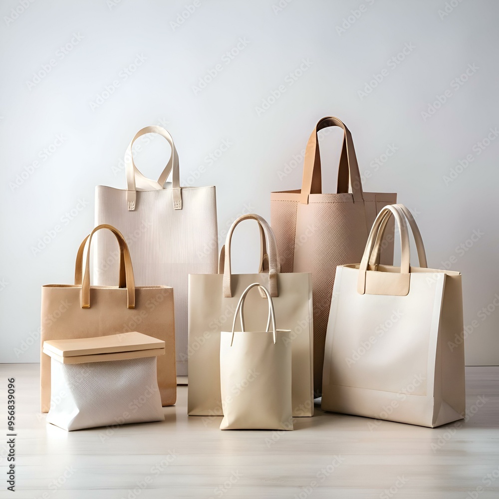 A collection of six stylish and minimalist tote bags in various beige and brown tones. perfect for showcasing your brand's sustainable and eco friendly products. A collection of six stylish and minimalist tote bags in various beige and brown tones. perfect for showcasing your brand's sustainable and eco friendly products.