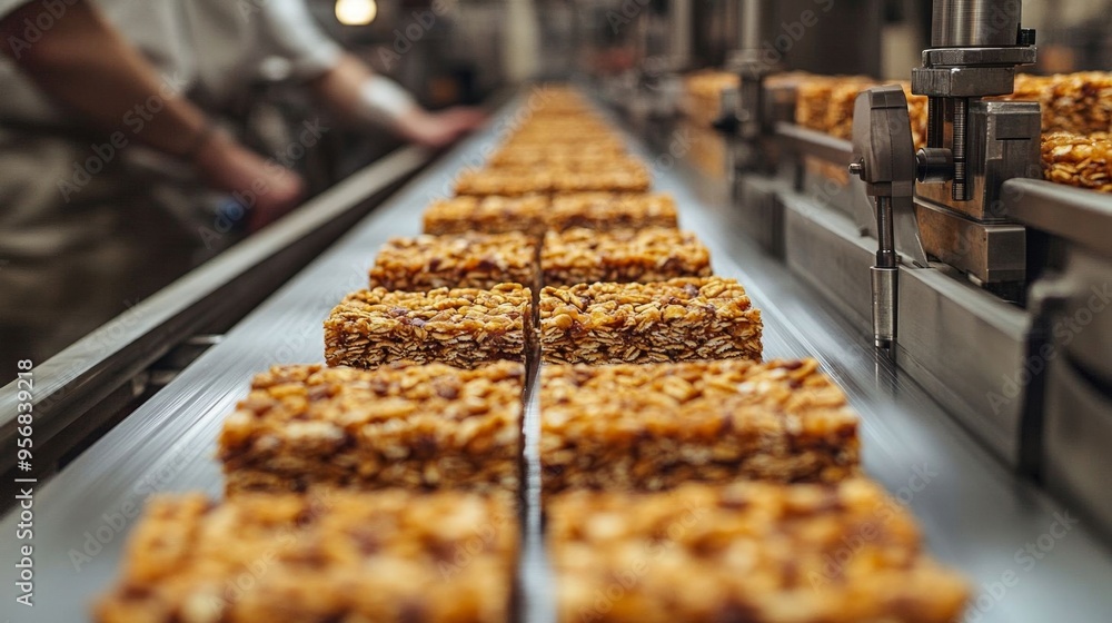 Granola bars being cut and wrapped on a conveyor belt in a busy production line at a factory. Granola bars being cut and wrapped on a conveyor belt in a busy production line at a factory.