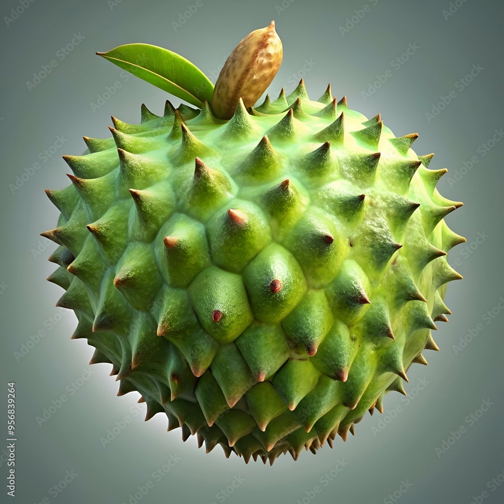 Close up of a spiky. green Soursop fruit with a soft focus background. Close up of a spiky. green Soursop fruit with a soft focus background.