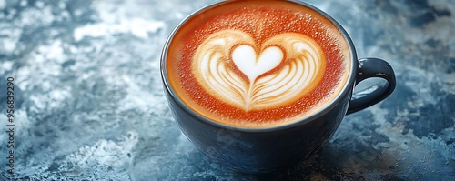 Close Up of a Cup of Coffee with Latte Art - Heart Design photo