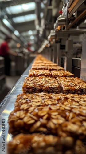 Granola bars being cut and wrapped on a production line in a busy food factory, highlighting the assembly process.