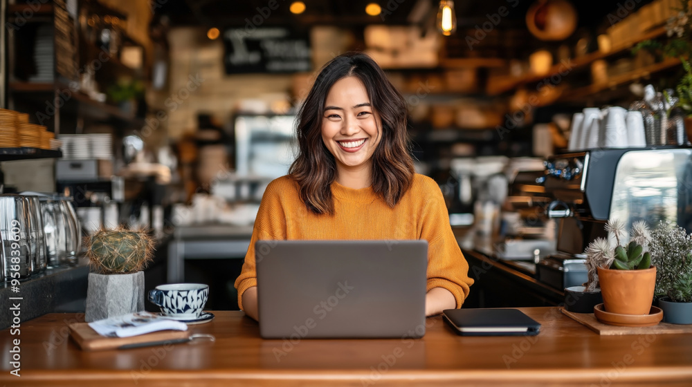 Young woman smiling while working on a laptop in a cozy cafe. She is wearing a yellow sweater and is surrounded by a coffee cup, potted plants, and a tablet. Young woman smiling while working on a laptop in a cozy cafe. She is wearing a yellow sweater and is surrounded by a coffee cup, potted plants, and a tablet.