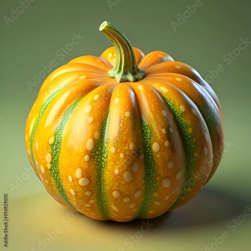 A vibrant. yellow pumpkin with green stripes and white dots. perfect for autumnal designs. harvest celebrations. and Thanksgiving themes. photo