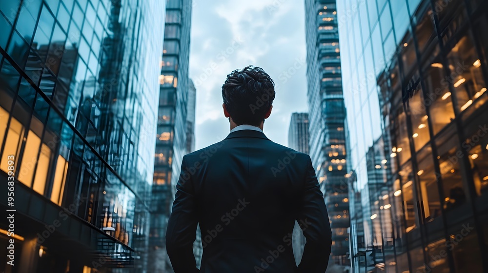 Businessman in a Suit Stands Between Tall Glass Buildings Businessman in a Suit Stands Between Tall Glass Buildings