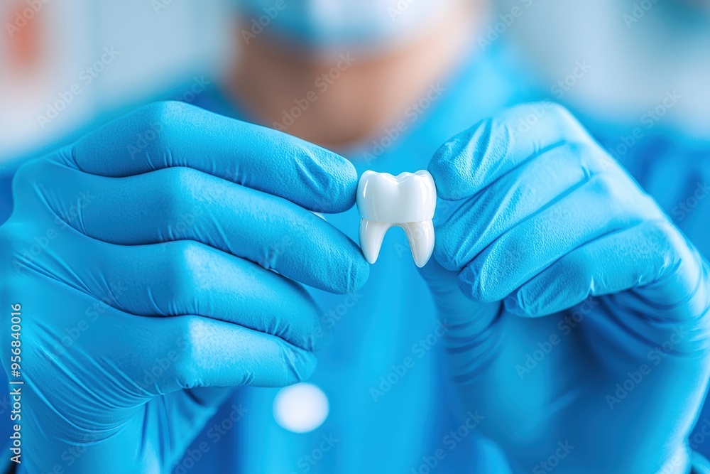 A dentist in blue gloves holds a model tooth, emphasizing dental health and hygiene in a clinical setting. A dentist in blue gloves holds a model tooth, emphasizing dental health and hygiene in a clinical setting.